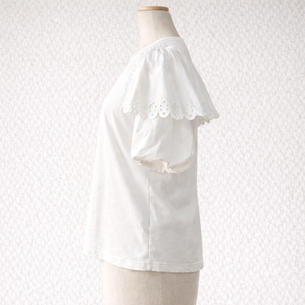 Oddi Sophia White Eyelet Puff Short Sleeve New Preppy Feminine Cotton Blouse - Picture 2 of 9